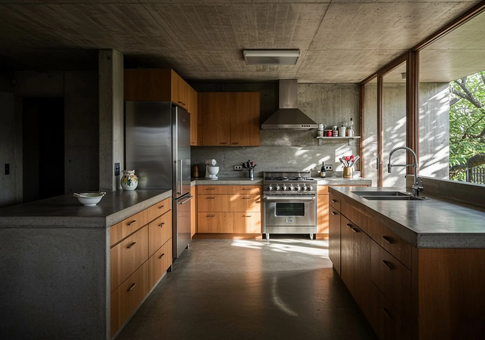Modern kitchen with a range and refrigerator