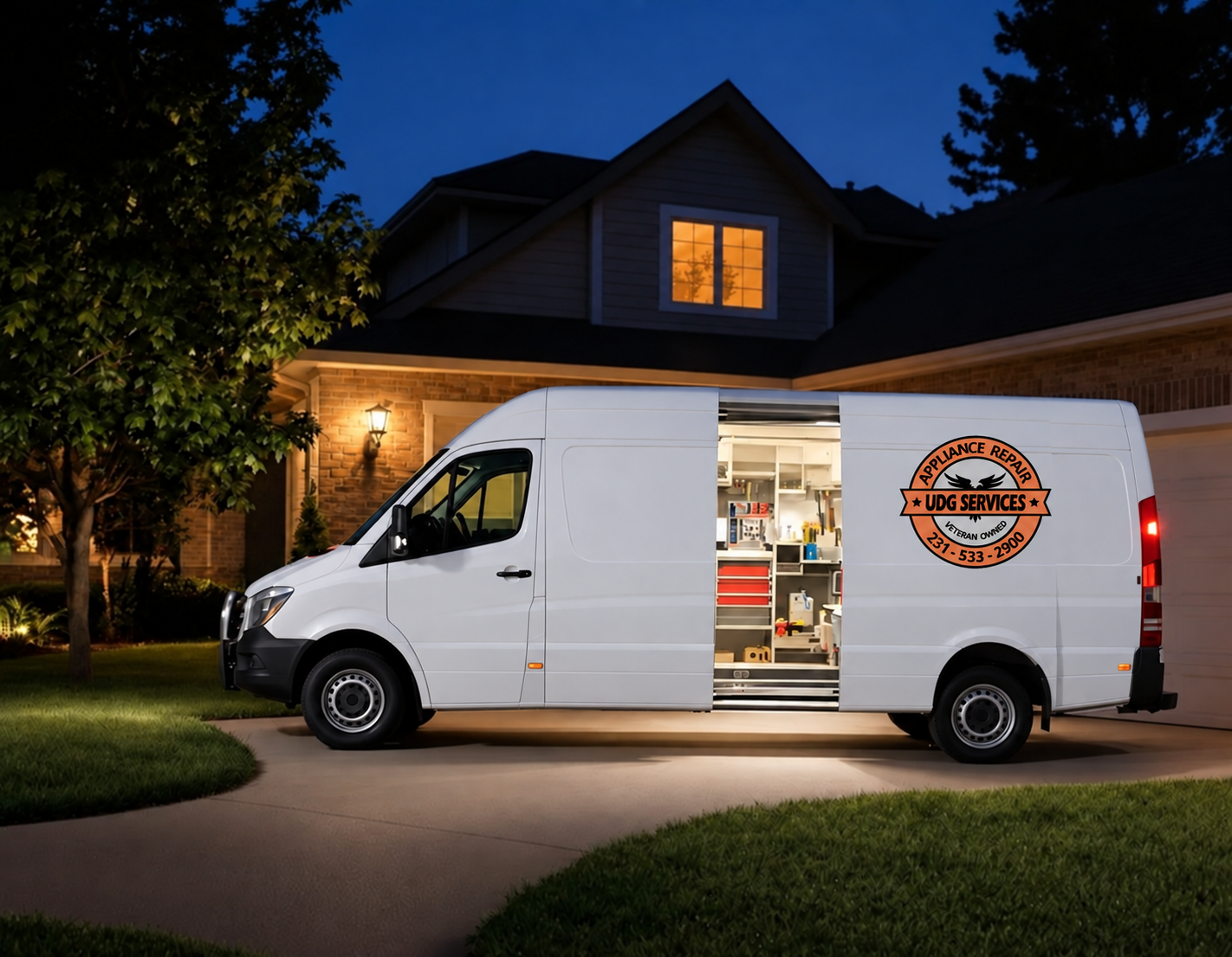 UDG Services mobile appliance repair van at a customer home